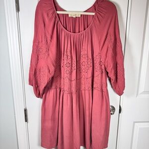 Penelope Rose Boho Babydoll Dress L Embroidered Long Sleeve Rayon